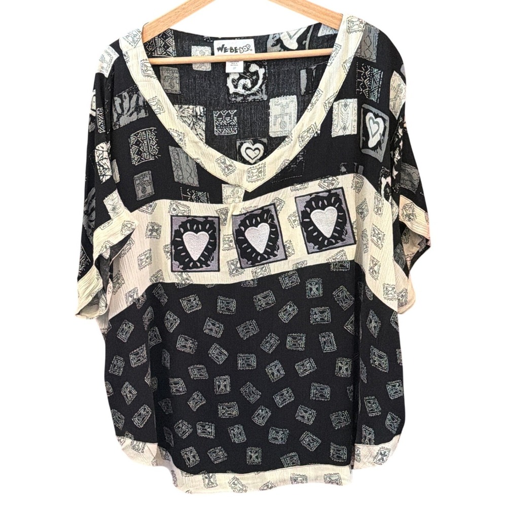 Vintage 90's We Be Bop Blouse Art To Wear Boho Whimsigoth Heart Print Top Folk